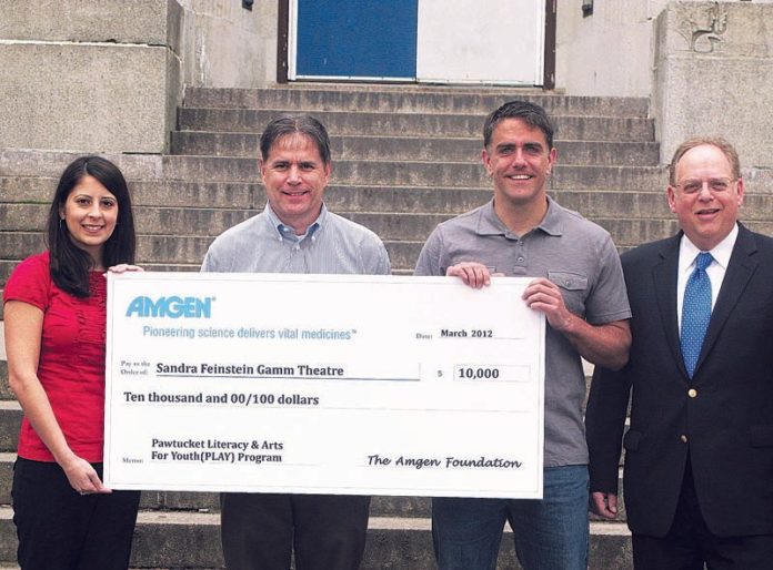 FROM LEFT: Christina Evon, senior associate, global communications and philanthropy, Amgen, Inc.; Jerry McAndrews, director, supply chain, Amgen Inc., and member of the Amgen Foundation Rhode Island Grant Review Committee; Steve Kidd, education director, Sandra Feinstein-Gamm Theatre; and Larry Bernard, senior manager, global communications and philanthropy for Amgen.