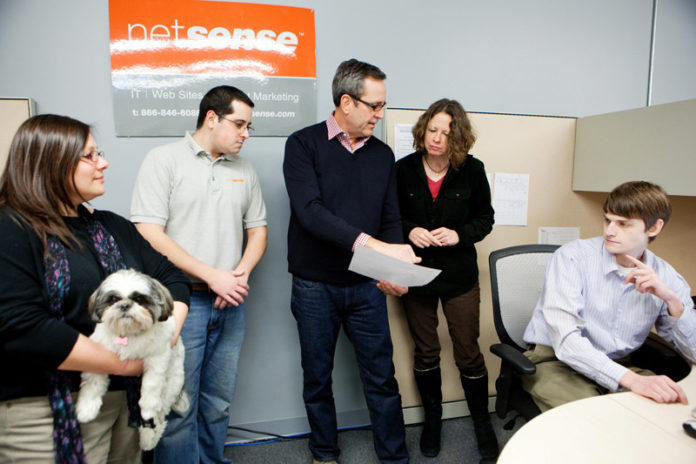 MAKES SENSE: From left: netsense Web-project Manager Doug Wilson, Web-presence professionals Jessica Weaver and Norbert Mendonla, Internet-marketing consultant Ed Kedzierski and Web-presence professionals Karen Orsi and Storm Gordin. / PBN PHOTO/RUPERT WHITELEY