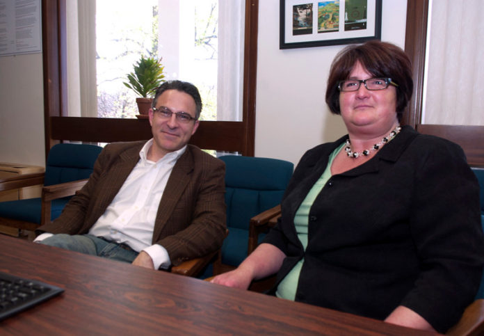 PERFECT SYNERGY: Rhode Island College professors Joe Zornado and Marie Bearwood are spearheading the institution’s hybrid-teaching effort. / PBN PHOTO/CHRIS SHORES