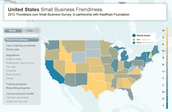 RHODE ISLAND was voted the least friendly state for small businesses in a survey by Thumbtack.com and the Ewing Marion Kauffman Foundation. For a larger version of this map, click <a href=