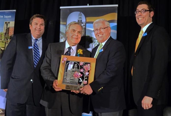 FROM LEFT: Dennis Kelly, second from right, chairman of The Pawtucket Foundation, presents Vincent Ceglie, second from left, executive director of Blackstone Valley Community Action Program, with The Pawtucket Foundation’s Heritage Award. They are joined by The Pawtucket Foundation Co-Chair Kevin Tracy, left, and Executive Director Thomas Mann, right.