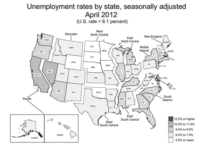 NEW ENGLAND'S unemployment rate remained essentially unchanged in April, dropping to 6.9 percent compared with 7 percent in March, the U.S. Bureau of Labor and Statistics announced Friday. For a larger version of this map, click <a href=