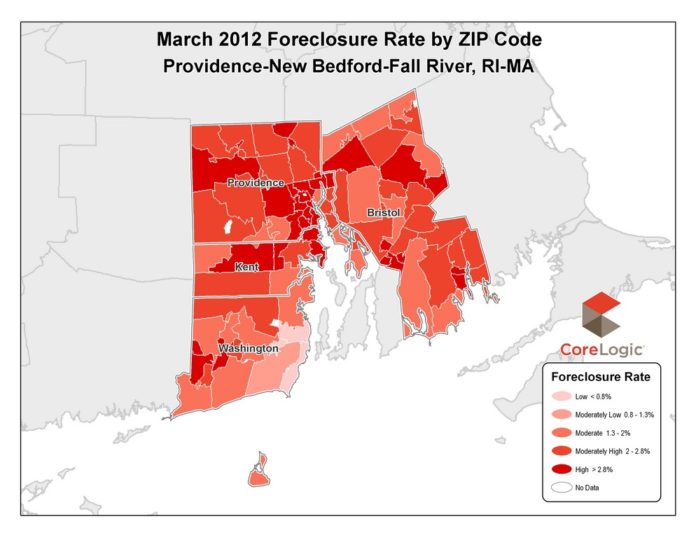 THE PROVIDENCE-New Bedford-Fall River-area foreclosure rate fell 0.50 percentage points in March compared with the same period in 2011, CoreLogic said Tuesday. / COURTEY CORELOGIC