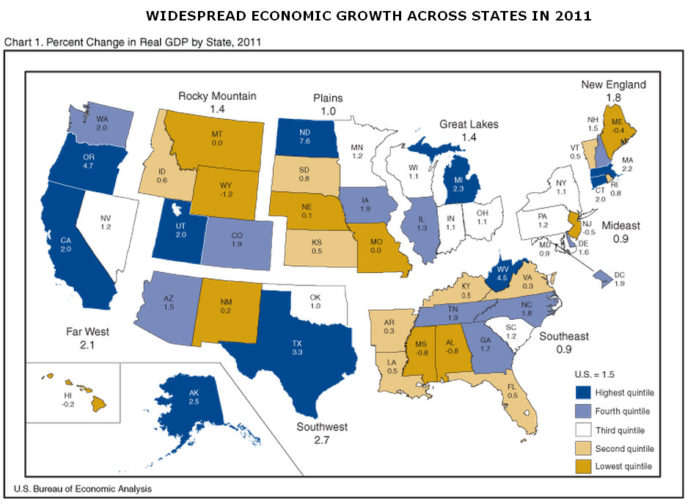 RHODE ISLAND ranked No. 32 across the nation for economic growth during 2011, according to data released Tuesday by the U.S. Bureau of Economic Analysis. For a larger version of this map, click <a href=