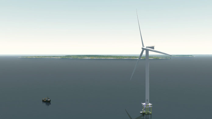 WINDBLOWN: In this computer rendering of the proposed Block Island Wind Farm looking northwest, the island is in the background. The project could be a reality by 2014. / COURTESY DEEPWATER WIND