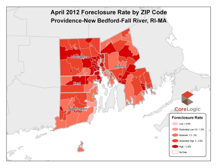 THE FORECLOSURE RATE in the Providence-Fall River-New Bedford area fell 0.31 percentage points in April compared with the same period last year, CoreLogic said Tuesday. For a larger version of this map, click <a href=
