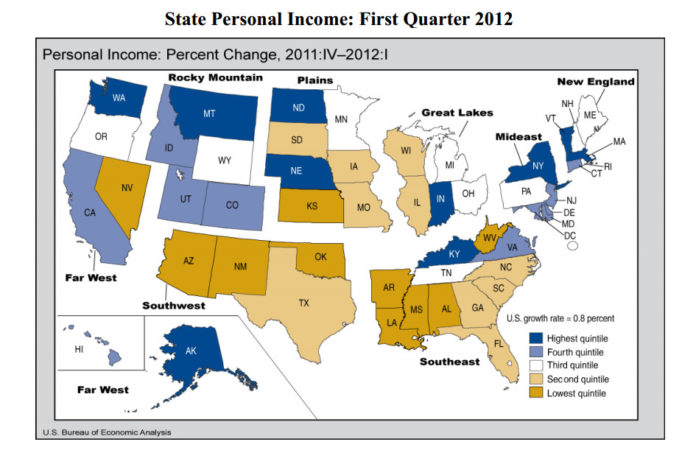 PERSONAL INCOME in Rhode Island rose 0.8 percent from $46.3 billion during the fourth 2011 to $46.7 billion during the first quarter 2012. For a larger version of this map, click <a href=