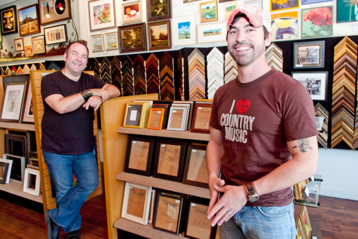 PICTURE PERFECT: The Preservation Framer co-owners Rob Dziubek, left, and Matt Slobogan founded the company in 2008 after meeting at a former employer and discovering they shared similar artistic and career goals. / PBN PHOTO/CHRIS SHORES