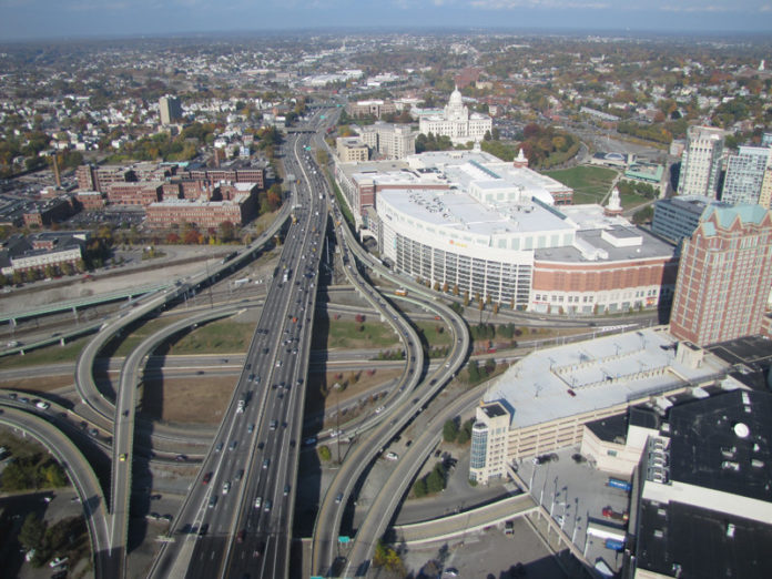 COURTESY DOTIN TRANSIT: The Providence Viaduct carries Interstate 95 past downtown, over Route 6 and the Woonasquatucket River and north toward Pawtucket. The bridge is slated for a $169 million reconstruction.