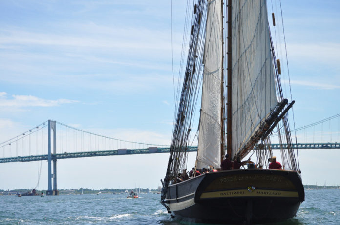 The Pride of Baltimore II sails toward Newport during the Ocean State Tall Ships Festival that concluded July 9 with the Parade of Sail. Thirteen tall ships participated in this year’s festival on the Newport waterfront that began July 6. The tall ships were last in Rhode Island in 2007. The nonprofit Ocean State Tall Ships hopes to see the festival held every three years in the state. Pride of Baltimore II is a reproduction of an 1812-era topsail schooner privateer. / COURTESY TALL SHIPS AMERICA