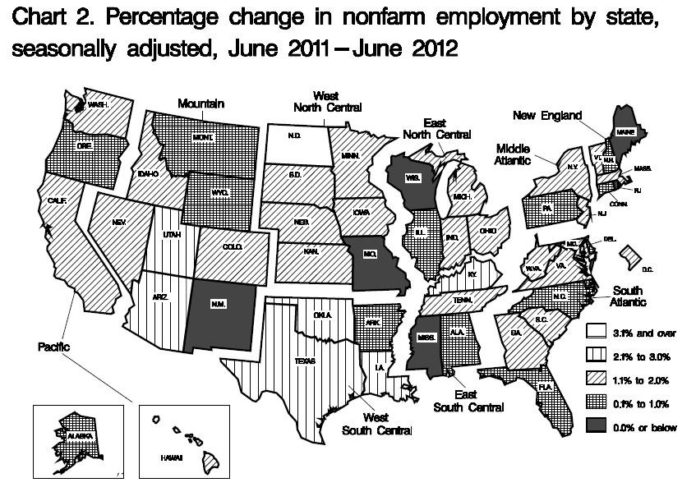 RHODE ISLAND had the largest percentage decline in employment in the United States from June 2011 to June 2012, according to the U.S. Bureau of Labor Statistics. For a larger version of this chart, click <a href=