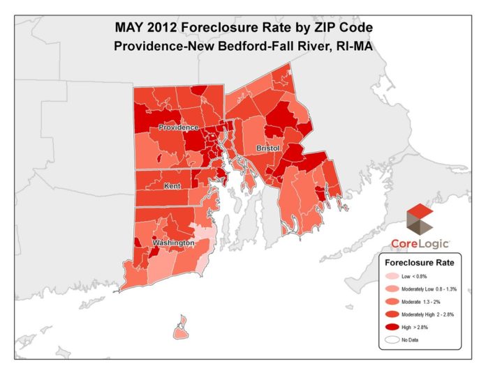 THE FORECLOSURE RATE in the Providence-Fall River-New Bedford area fell .2 percentage points in May compared with the same period last year, CoreLogic said Wednesday. / COURTESY CORELOGIC