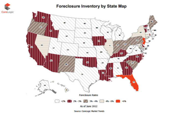 THE FORECLOSURE RATE in Rhode Island dropped 0.5 percentage points in June compared to the same period in 2011, CoreLogic said Tuesday. / COURTESY CORELOGIC