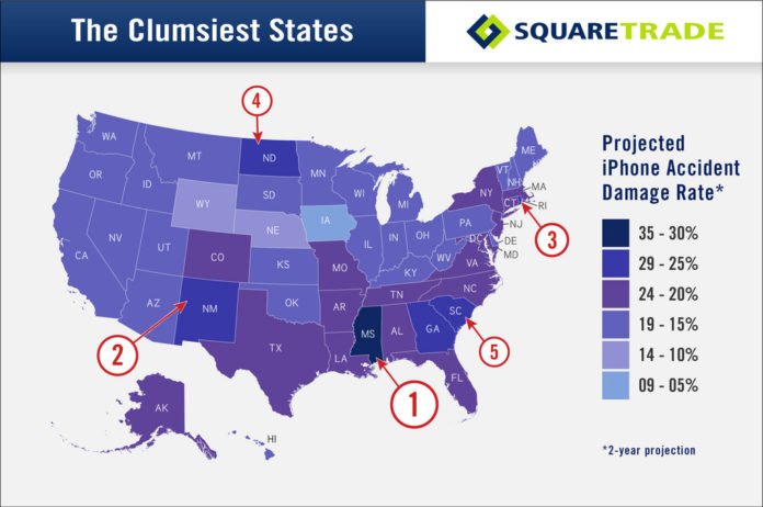 RHODE ISLAND ranked third on SquareTrade's list of the clumsiest states for iPhones. / COURTESY SQUARETRADE RHODE ISLAND ranked third on SquareTrade's list of the clumsiest states for iPhones. / COURTESY SQUARETRADE