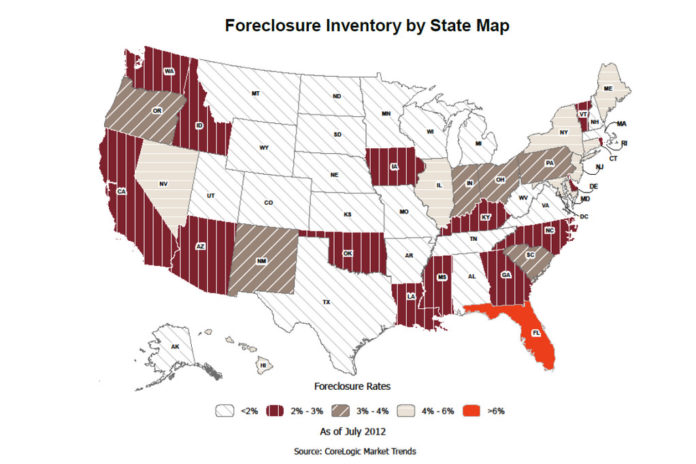 RHODE ISLAND'S foreclosure rate fell 0.3 percentage points in July compared with July 2011 numbers. For a larger version of this map, click <a href=