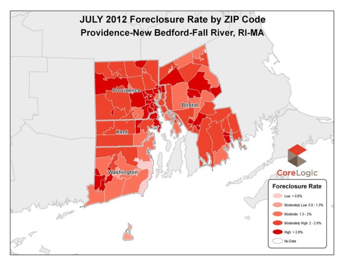 FORECLOSURE RATES dropped in both Rhode Island and the Providence-Fall River-New Bedford area as mortgage delinquencies rose. / COURTESY CORELOGIC