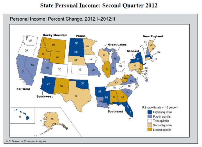 Personal income in Rhode Island and New England matched the national increase of 1 percent during the second quarter of 2012. / COURTESY THE U.S. BUREAU OF ECONOMIC ANALYSIS