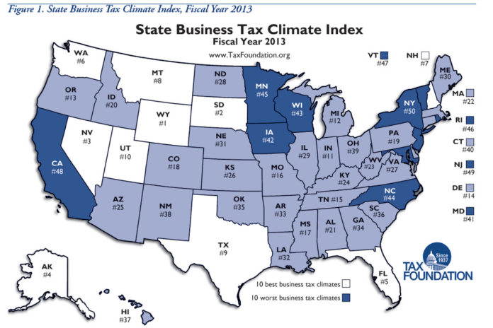 RHODE ISLAND ranked 46th on the Tax Foundation's 2013 State Business Tax Climate report. / COURTESY THE TAX FOUNDATION
