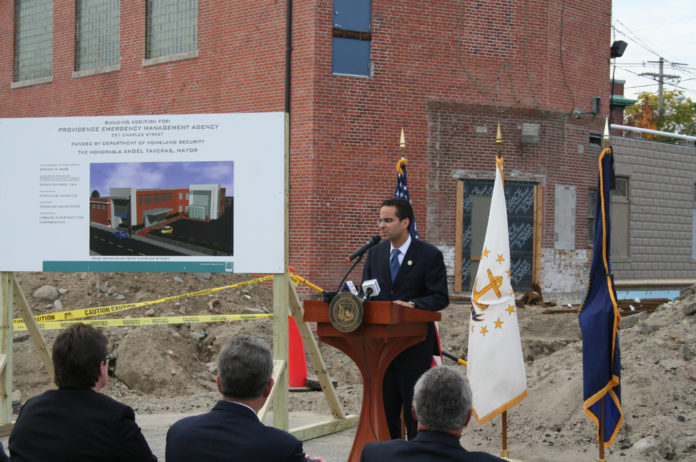 PROVIDENCE MAYOR Angel Taveras speaks at Wednesday's groundbreaking of the expansion of the Providence Emergency Management Agency's Charles St. headquarters. / COURTESY THE PROVIDENCE EMERGENCY MANAGEMENT AGENCY