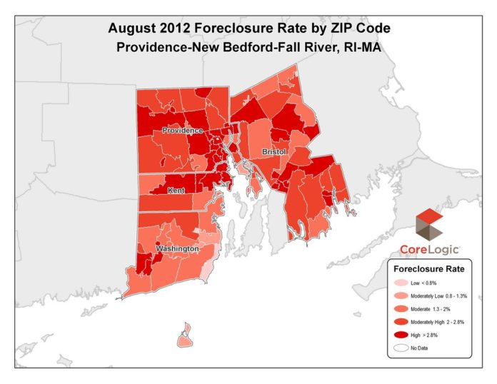 FORECLOSURES IN THE Providence-Fall River- New Bedford area rose slightly to 2.99 percent in August and the metro area's mortgage delinquency rate rose to 7.39 percent. / COURTESY CORELOGIC