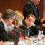 Public-private partnerships can close skills gap PARTNERING TOGETHER: URI President David Dooley, above, facing camera, speaks during a panel discussion at last week’s Employers & Education Summit on how the public and private sectors working together can help better prepare students for the current labor climate. He says R.I. needs more affordable pathways to higher education. / PBN PHOTO/RUPERT WHITELEY