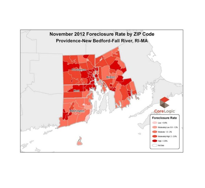 FORECLOSURE RATES IN THE PROVIDENCE-Fall River-New Bedford metropolitan area ticked up 0.2 percentage points in November. Excluding Bristol County, Mass., Rhode Island's foreclosure rate rose 0.26 percentage points year over year in November. / COURTESY CORELOGIC