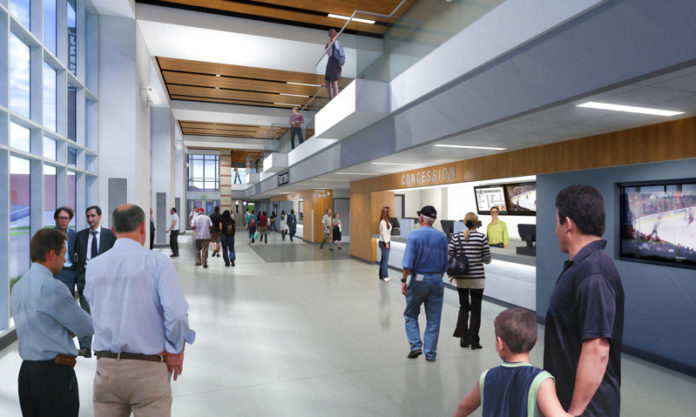 PACKED HOUSE: The renovated Schneider arena at Providence College will include a new glass-atrium lobby and revamped concession area. / COURTESY SYMMES MAINI & MCKEE ASSOCIATES