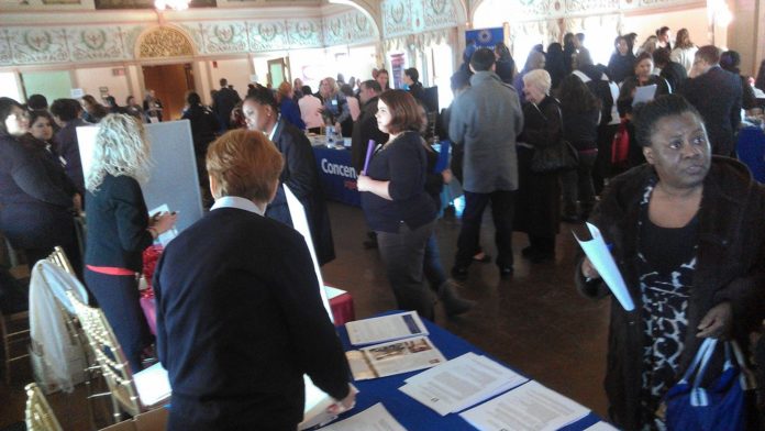 JOB SEEKERS ATTEND the first in a series of job fairs hosted by the cities of Cranston and Providence. The inaugural fair, held at the Roger Williams Park Casino, hosted healthcare providers and drew nearly 300 candidates to the event. / COURTESY CITY OF PROVIDENCE ECONOMIC DEVELOPMENT DEPARTMENT/ANN S. GOODING JOB SEEKERS ATTEND the first in a series of job fairs hosted by the cities of Cranston and Providence. The inaugural fair, held at the Roger Williams Park Casino, hosted healthcare providers and drew nearly 300 candidates to the event. / COURTESY CITY OF PROVIDENCE ECONOMIC DEVELOPMENT DEPARTMENT/ANN S. GOODING