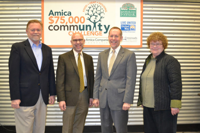 THE AMICA $75,000 COMMUNITY CHALLENGE, which ended Feb. 15, raised roughly $162,000, Amica announced Thursday. Above, from left: Tony Maione, president and CEO of United Way of Rhode Island; Andrew Schiff, CEO of the Rhode Island Community Food Bank; Vince Burks, communications director at Amica Insurance; Anne Nolan, president of Crossroads Rhode Island. / COURTESY AMICA MUTUAL INSURANCE CO.