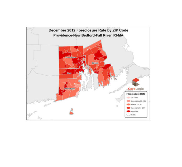 FORECLOSURE RATES rose in the Providence-New Bedford-Fall River area in December as the 90-day delinquency rate fell 0.26 percentage points. / COURTESY CORELOGIC FORECLOSURE RATES rose in the Providence-New Bedford-Fall River area in December as the 90-day delinquency rate fell 0.26 percentage points. / COURTESY CORELOGIC