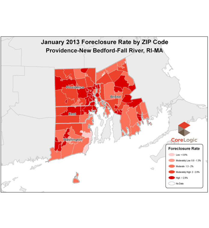 THE FORECLOSURE RATES in both Rhode Island and the Providence-New Bedford-Fall River metropolitan area ticked up slightly in January. / COURTESY CORELOGIC