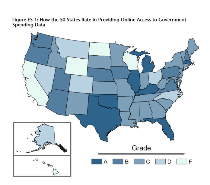THE MAP ABOVE shows how each state fared for providing public access to government spending data on the R.I. Public Interest Research Group Education Fund's fourth annual report. / COURTESY THE R.I. PUBLIC INTEREST RESEARCH GROUP EDUCATION FUND THE MAP ABOVE shows how each state fared for providing public access to government spending data on the R.I. Public Interest Research Group Education Fund's fourth annual report. / COURTESY THE R.I. PUBLIC INTEREST RESEARCH GROUP EDUCATION FUND