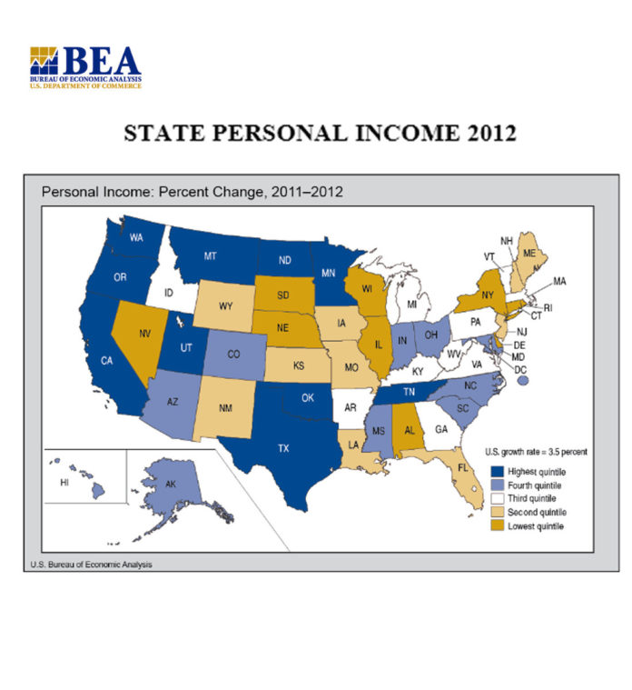IN BOTH 2012 as a whole and during the fourth quarter, personal income in Rhode Island and Massachusetts grew. / COURTESY U.S. BUREAU OF ECONOMIC ANALYSIS