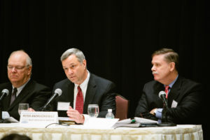 Panelists Tufts Health Plan CEO James Roosevelt, Jr.; Blue Cross Blue Shield RI CEO, Peter Andruszkiewicz and William Devereaux, Pannone Lopes Devereaux & West / Rupert Whiteley