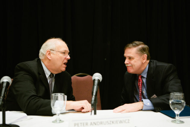 James Roosevelt, Jr. talks with fellow panelist, William Devereaux / Rupert Whiteley