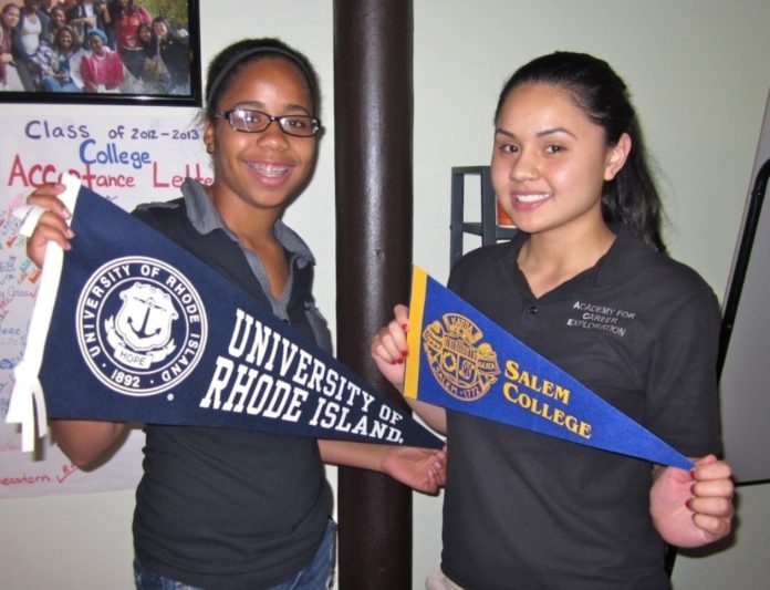 BANK RHODE ISLAND recently donated $2,500 to College Visions to help students like Bethzalie Carpio, left, and Joelisa Khun, right, enter into and graduate from college. Both students are currently finishing their freshman year of college.