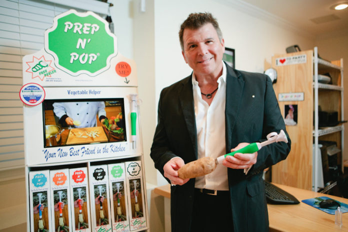 Former nightclub owner Barry Blair is trying his hand at a new gig, entrepreneur. The one-time owner of Barry’s Nightclub in Warwick is pitching the Prep N’ Pop, the sole product being sold under the Doodads LLC brand that Blair began in 2007. The kitchen utensil peels a potato hands-free and then pops the potato out of its cylinder. He says he has sold tens of thousands of the utensils on QVC, where it retails for $17.25. Prep N’ Pop recently made its retail debut at the East Side Marketplace, which is serving as sort of a test run for larger grocery-store chains. / PBN PHOTO/RUPERT WHITELEY