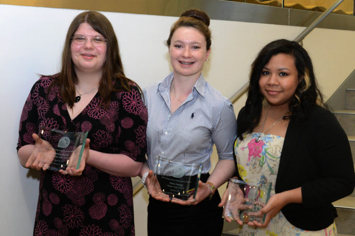 FROM LEFT: Marissa Martell (Chariho High School), Fiona Heaney (Rogers High School), Michelle Pajaro (Times2 Academy). / COURTESY NCWIT