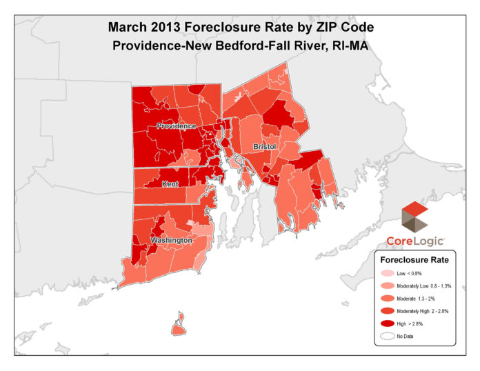BOTH THE FORECLOSURE RATE and mortgage delinquency rate fell year-over-year in the Providence-Fall River-New Bedford area in March. / COURTESY CORELOGIC
