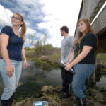 Bristol pride arms harbor guardians SILVER LININGS: Students, from left, Tasha Rimoshytus, Ethan Gilchrest and Megan Vento at Silver Creek in Bristol. As part of the Silver Creek field-studies program, they will test the water in the creek for salinity and dissolved oxygen. / PBN PHOTO/BRIAN MCDONALD