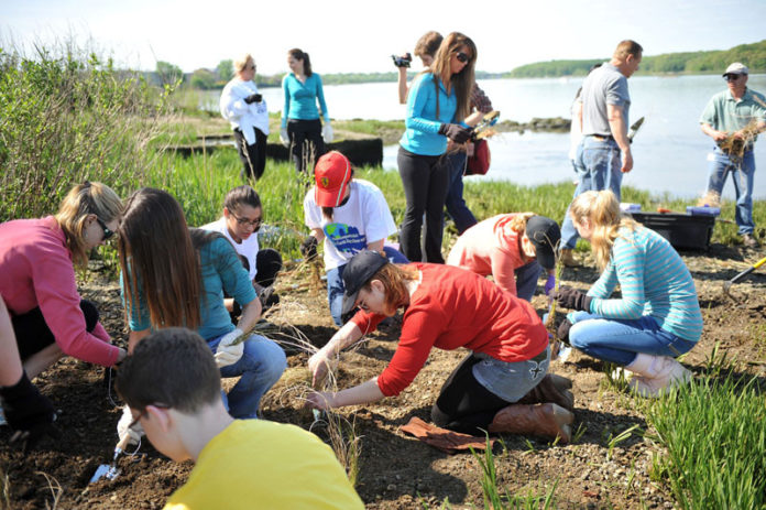 Contestants in the 2013 Miss Rhode Island pageant join other volunteers on May 18 to help clean up the Seekonk River. The project was hosted by the Miss RI Scholarship Program and the Narragansett Bay Commission, which contributed a $500 grant toward the cleanup. The project, which included the planting of cordgrass along the banks of the river, took place at the commission’s Bucklin Point wastewater-treatment facility in East Providence. The Miss Rhode Island competition will be held June 1. / COURTESY DANIEL GAGNON