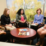 EVERYDAY MENTORING: Kati C. Machtley, second from right, meets with Bryant students who helped her put together the Women&rsquo;s Summit, from left, Renee Lawlor, Kelsey Nowak, Gabriella Badaracco and McCall Peltier. / PBN PHOTO/RUPERT WHITELEY
