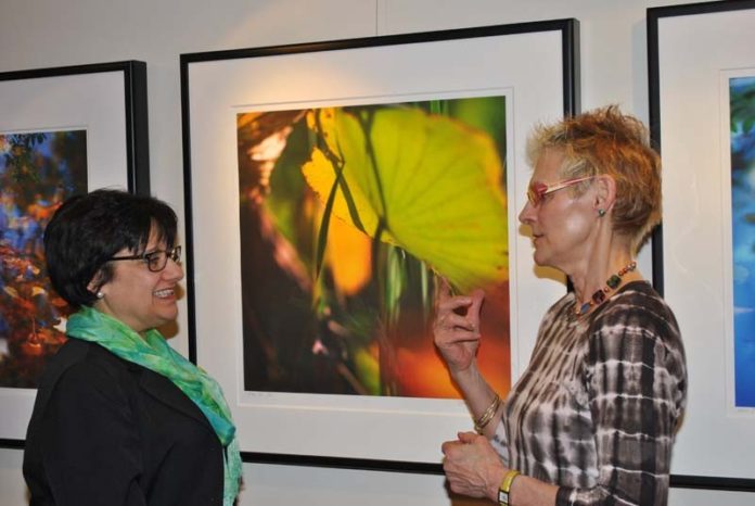 RHODE ISLAND artist Brooke Hammerle, right, speaks with Diana Franchitto, president & CEO of Home & Hospice Care of Rhode Island, during an exhibition at Home & Hospice Care of Rhode Island.