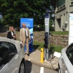 Chafee unveils electric vehicle charging station at RWU IN A PHOTO POSTED ON GOV. Lincoln D. Chafee's Twitter page, the governor looks at the electric vehicle charging station at Roger Williams University, the first of as many of 50 stations to be implemented in the state. / COURTESY THE OFFICE OF THE GOVERNOR