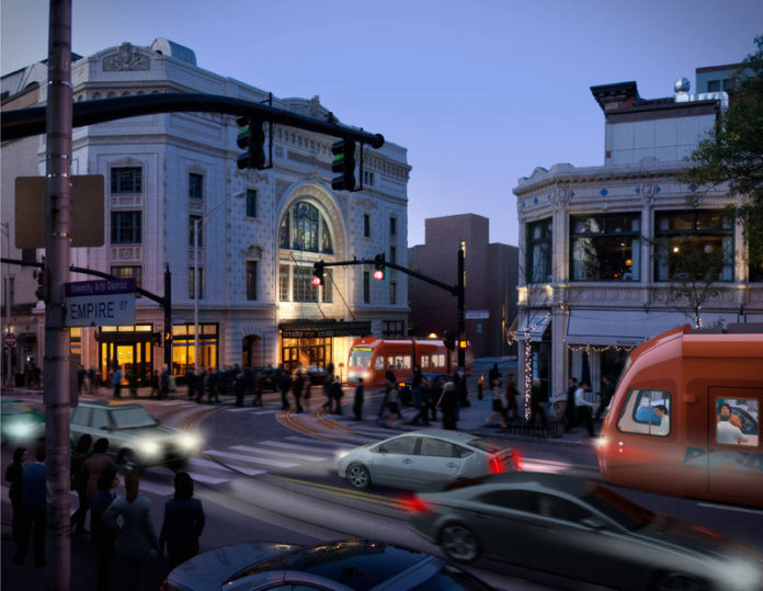 MOVING FORWARD: A rendering showing proposed streetcars in downtown Providence. The line would connect upper South Providence to College Hill. / COURTESY STUDIO AMDT