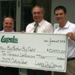 Clothing drive benefits<br>
Big Brother Big Sister LAPELS DRY CLEANING customers donated clothing totaling $10,000 to benefit Big Brother/Big Sister organizations. Pictured above: Lapels Dry Cleaning CEO Kevin Dubois, far right, presents a check to Big Brother Big Sister Dispatch Supervisor Ken Higgins, far left, and Executive Director Steven Beck.