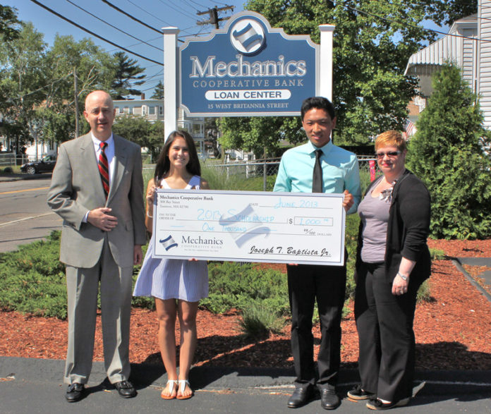 MECHANICS COOPERATIVE BANK’S scholarship awards will grant $1,000 for higher education to each of four Bristol County graduating high school seniors, including Deanna Pacheco and Steven Tran, pictured here. On their left and right are Mechanics CFO Andrew Hewitt and Dulce Pacheco, branch manager of Mechanics’ Taunton office.