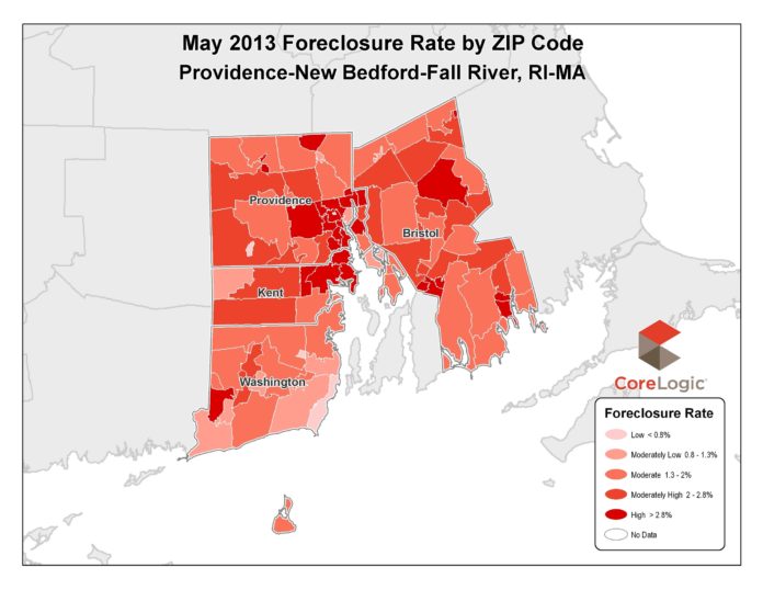 THE FORECLOSURE RATE in both the Providence-New Bedford-Fall River metropolitan area and Rhode Island as a whole fell from May 2012 to May 2013, according to CoreLogic. / COURTESY CORELOGIC