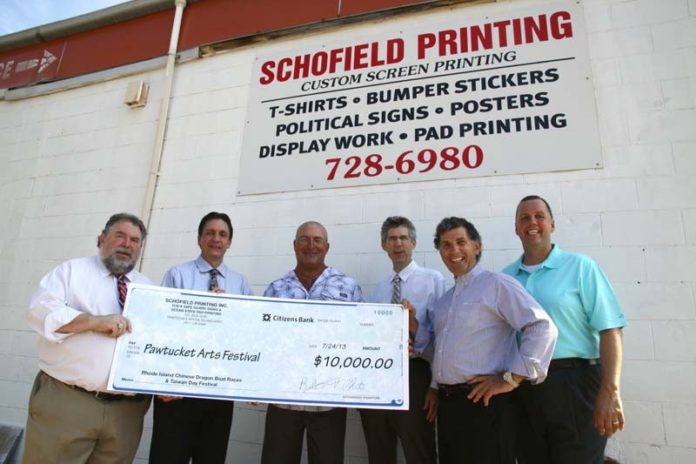 ROBERT CHITO, third from left, owner of Schofield Printing, presents a check for $10,000 to support this year’s event. From left: Pawtucket Economic and Cultural Affairs Officer Herb Weiss; Arts Festival Chairman John Baxter Jr., Chito; Planning & Redevelopment Director Barney Heath; Blackstone Valley Tourism Council President Robert Billington and Pawtucket Mayor Donald R. Grebien.