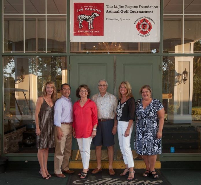 THE FAMILY OF THE LATE Lt. Jim Pagano attended a recent golf tournament that raised more than $18,000 for the foundation that bears his name. Pictured from left are: Jean Craddy, Mayor Allan Fung of Cranston, Rose Pagano, Anthony Pagano, Lisa Pagano, president of foundation, and Adriana Pagano.